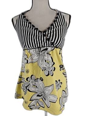 Women's Joyous & Free Halter Tank Top Yellow Floral Black White Striped XS